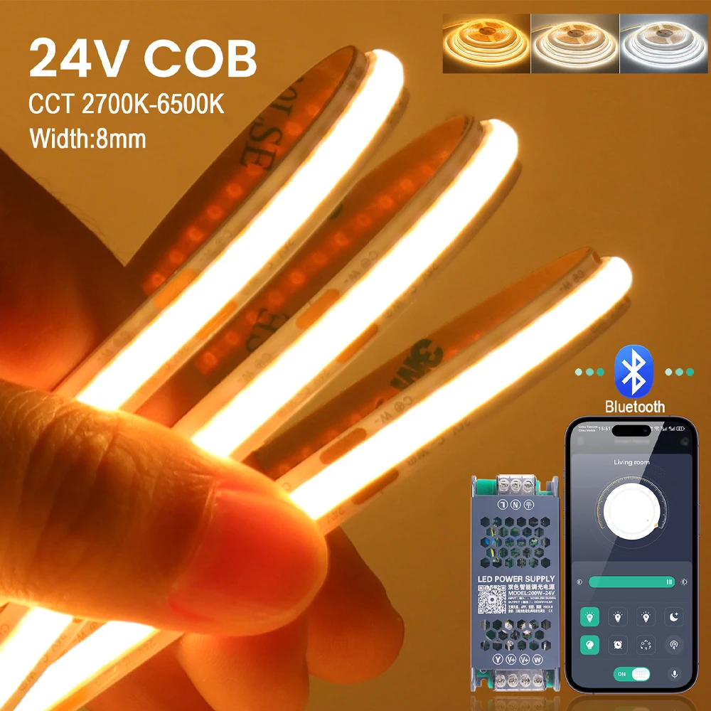 

24 В CCT 2700K-6500K COB Светодиодная лента Bluetooth с регулируемой яркостью Источник питания Гибкая линейная лента 576 светодиодов/м Двухцветный декор шириной 8 мм
