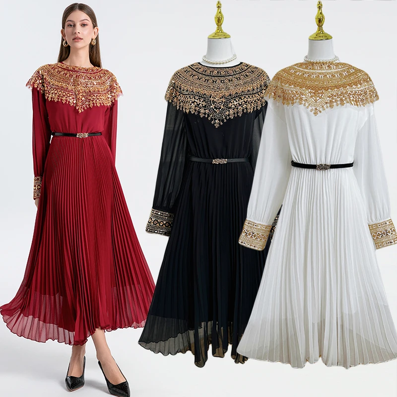 

2025 Spring Summer Holiday Miyake Pleated Dresses Women's O-Neck Sequins Birthday Party Pleated Long Loose Beach Vestidos