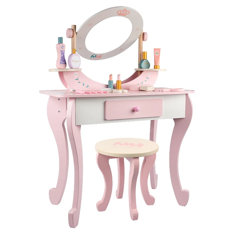 Kids Vanity, 360 Degree Rotation Oval Mirror, Princess Makeup Vanity Set for Little Girls, Toddler Bedroom Dressing Table & Stoo