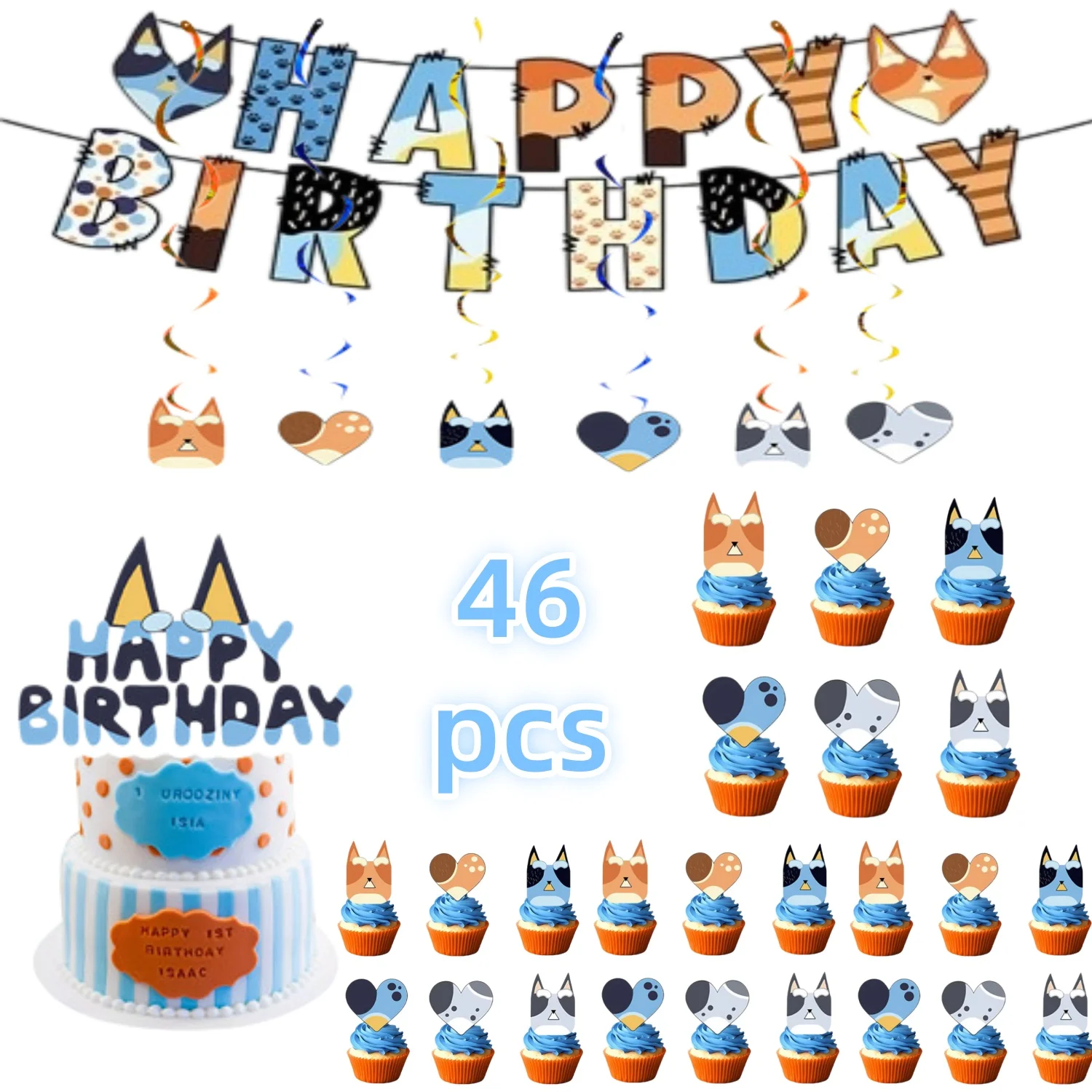 Cartoon Blue Dog Birthday Party Decor Tablecloth Plates Cups Napkins Banner Hanging Swirls Kids Baby Shower Supplies Set - view 4