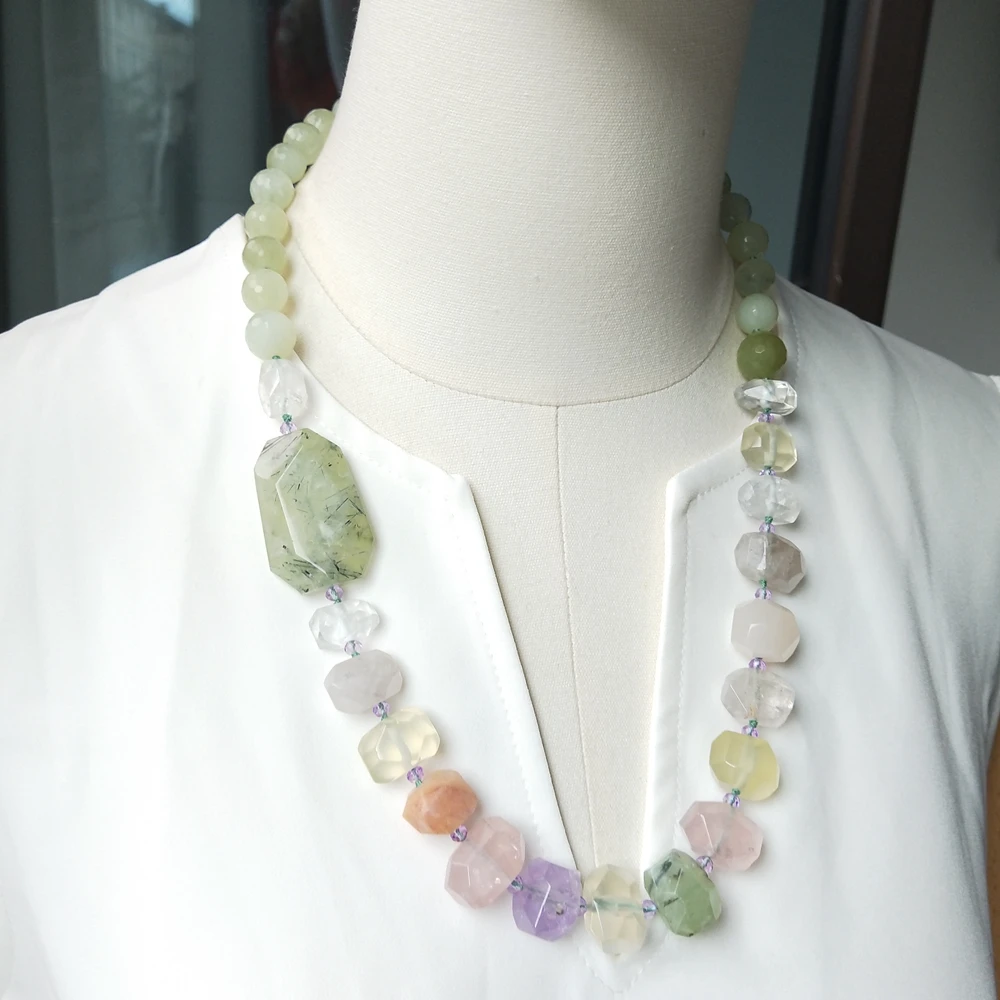 Lii Ji Real Stone Necklace Prehnite Rose Quartz Lemon Quartz Amethyst 62cm Women Necklace Jewelry Gift