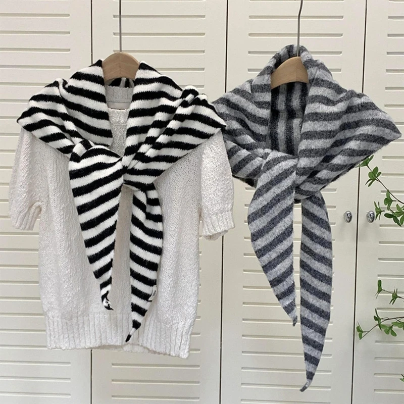 Knit Striped Large Triangular Scarf for Winter Warmth Faux Wool Long Shawl Wrap Drop Shipping