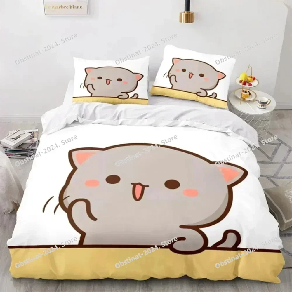 Lovely Peach Cat Bedding Set Cartoon Comforter Sets Double Queen King Twin Full Size Duvet Cover Set Kids Girls White Bed Linen 6