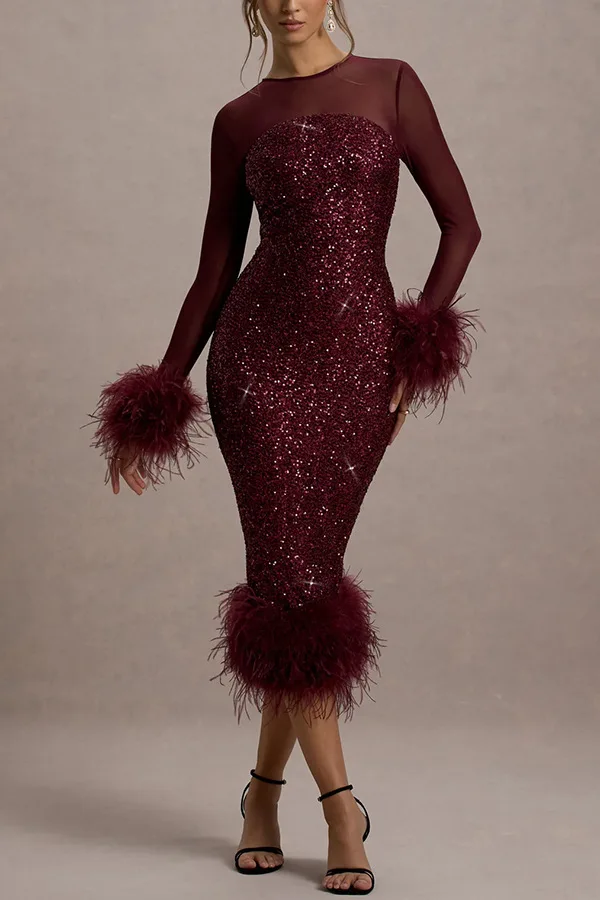 

Elegant Banquet Dress Spring Autumn Fashion New Solid Color Round Neck Mesh Splicing Feather Sequin Slim Package Hip Dresses