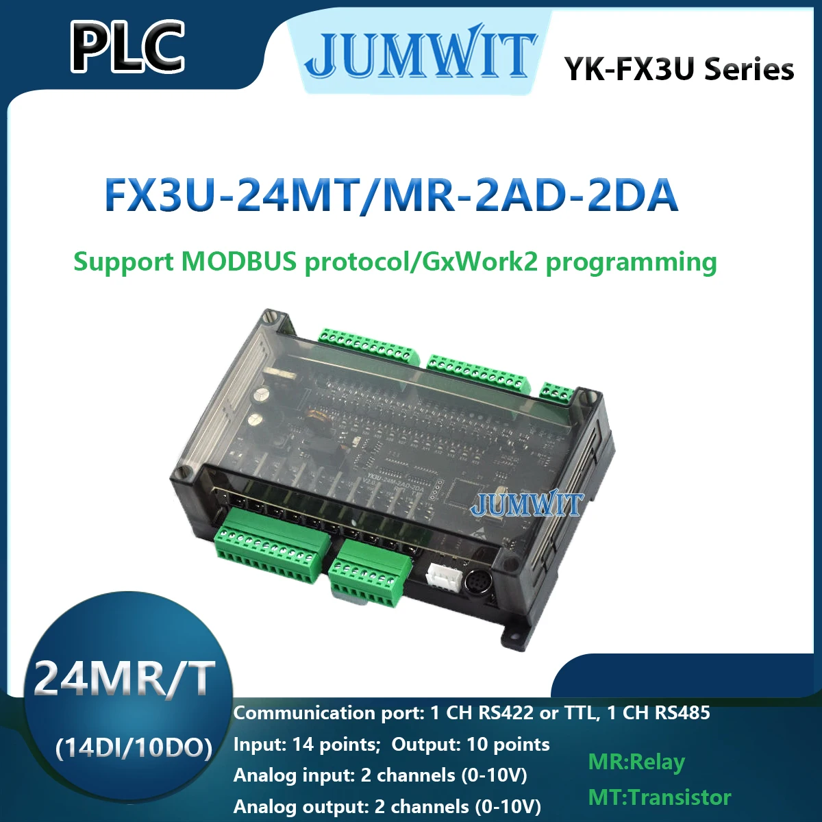 FX3U-24MR 24MT YK PLC Industrial Control Board 14 input 10 output 2AD 2DA Analog RS422 TTL RS485 MODBUS RTU Relay transistor