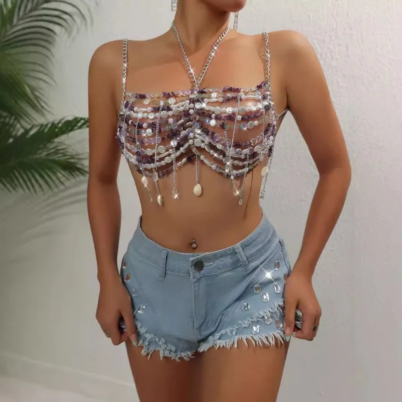

customized belly dance top gemstone tassel chain sexy suspender backless women's clothing belly dancing bra