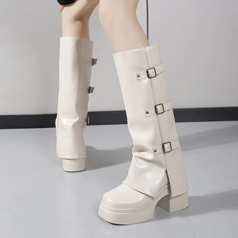 New Luxury Woman Boots Knee High Platform Chunky Heels Trend Punk Gothic Rock Leather Fashion Women's Shoes Motorcycle Footwear