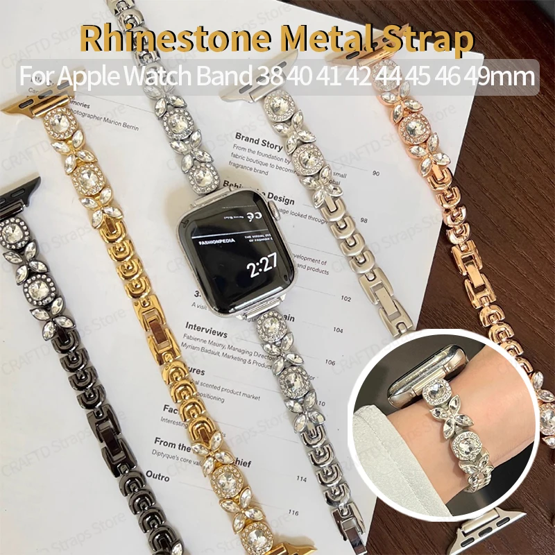 Rhinestone Four‑Leaf Clover Metal Strap for Apple Watch 41 42 44 45 46 49mm Jewelry Wristband for IWatch Series10 9 8 7 SE Ultra