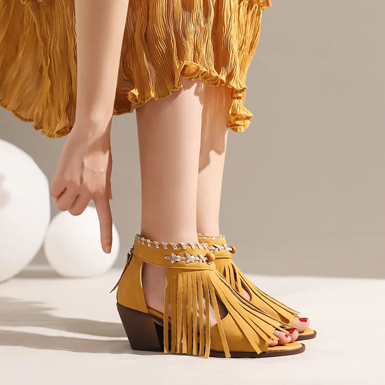

Women Fringed Open Toe Chunky Heel Sandals Ankle Strap Back Zipper Cowboy Sandals Vintage Suede Ladies Summer Shoes