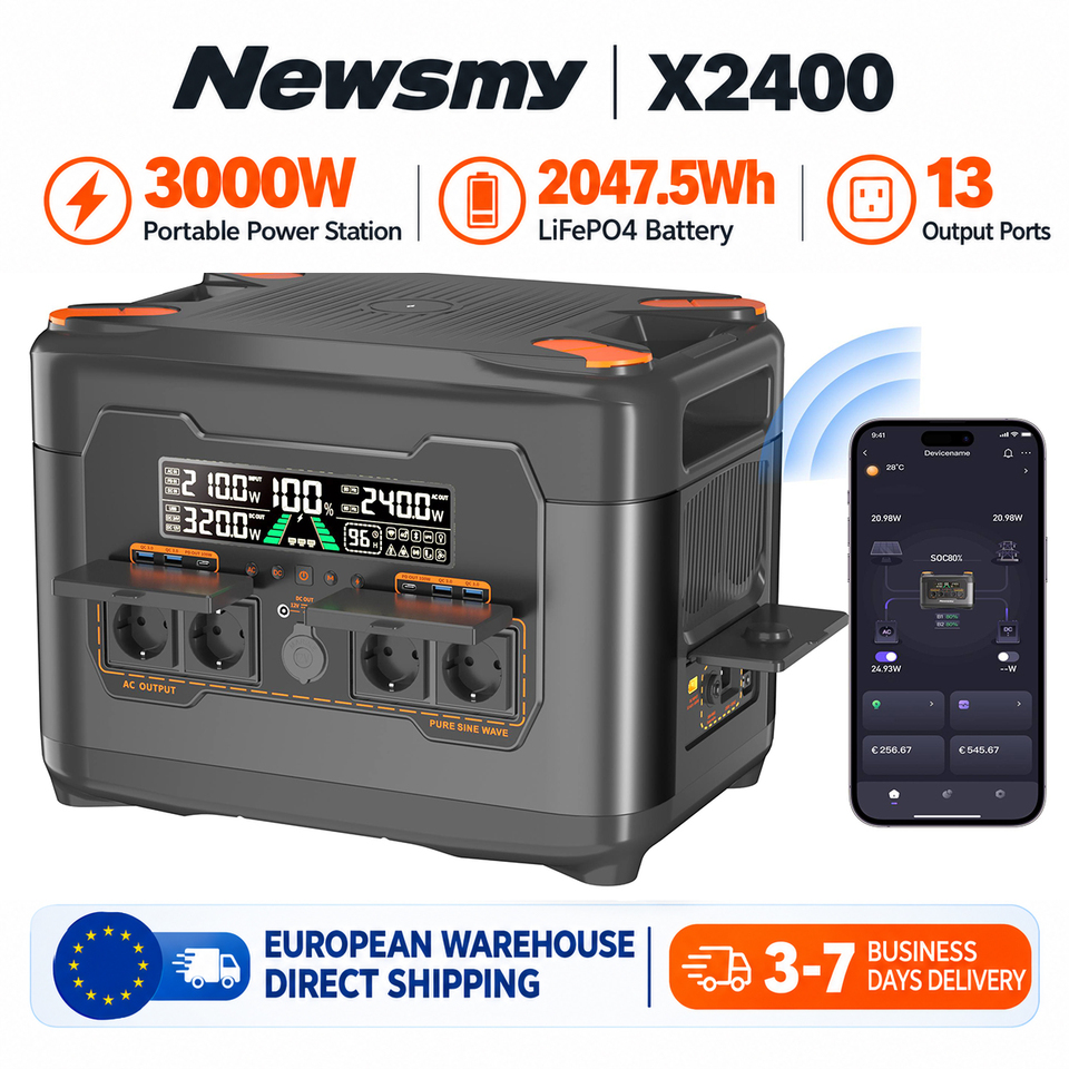 Newsmy 3000W Portable Power Station 2047.5Wh LiFePO4 Battery 13 Output Ports 10ms UPS With APP For Outdoor Camping RV Emergency