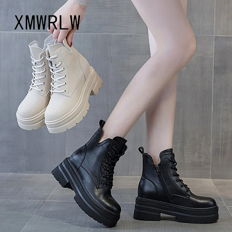 

XMWRLW 2025 г. Женские ботильоны из натуральной кожи. Зимняя обувь. Женские ботильоны на высоком каблуке. Женская зимняя теплая плюшевая обувь.