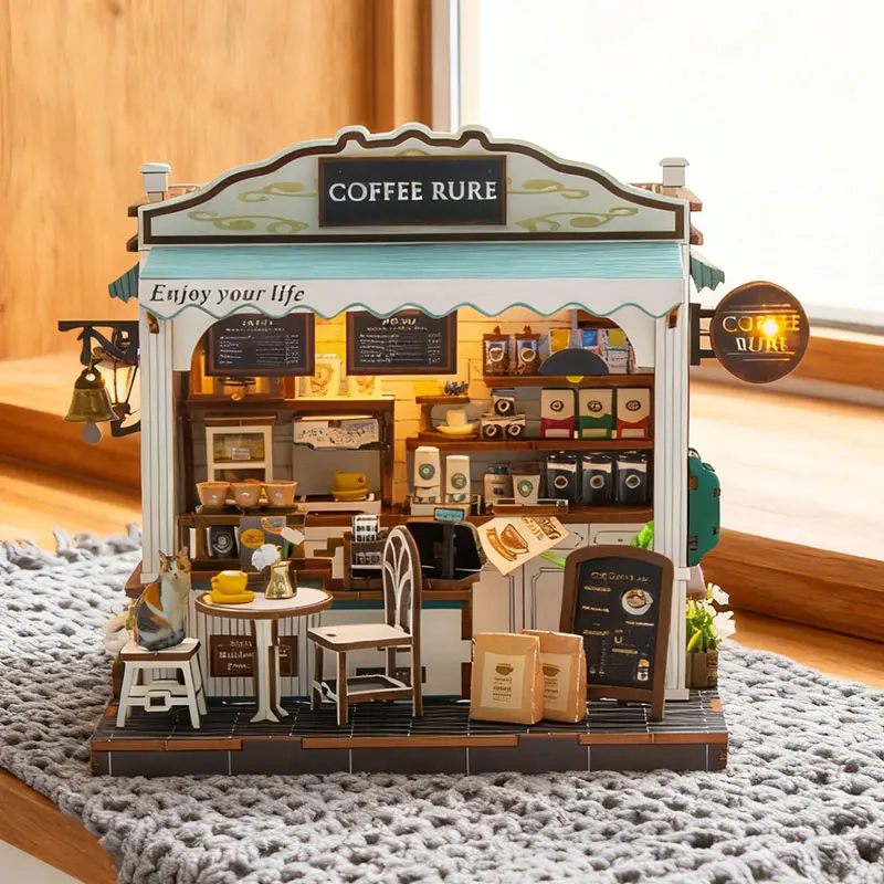 

Coffee Shop Mini Doll House Kit DIY Dollhouse 3D Puzzle Assembling Model Building Room Bedroom Decoration Wooden Crafts Gifts