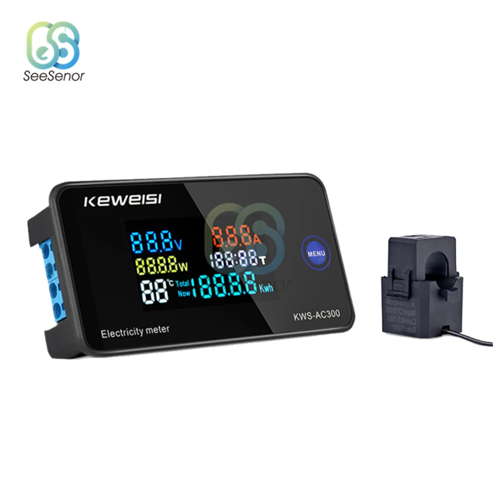 6 in 1 AC 220V 110V 50V~300V 100A Digital Ampermeter Power Energy Voltmeter Ammeter Volt Watt Kwh Temperature Meter Time