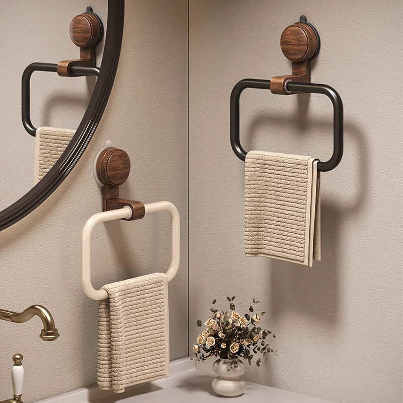 

Suction cup walnut mid-century style punch-free wall hanging bathroom towel ring bathroom towel hanging rack