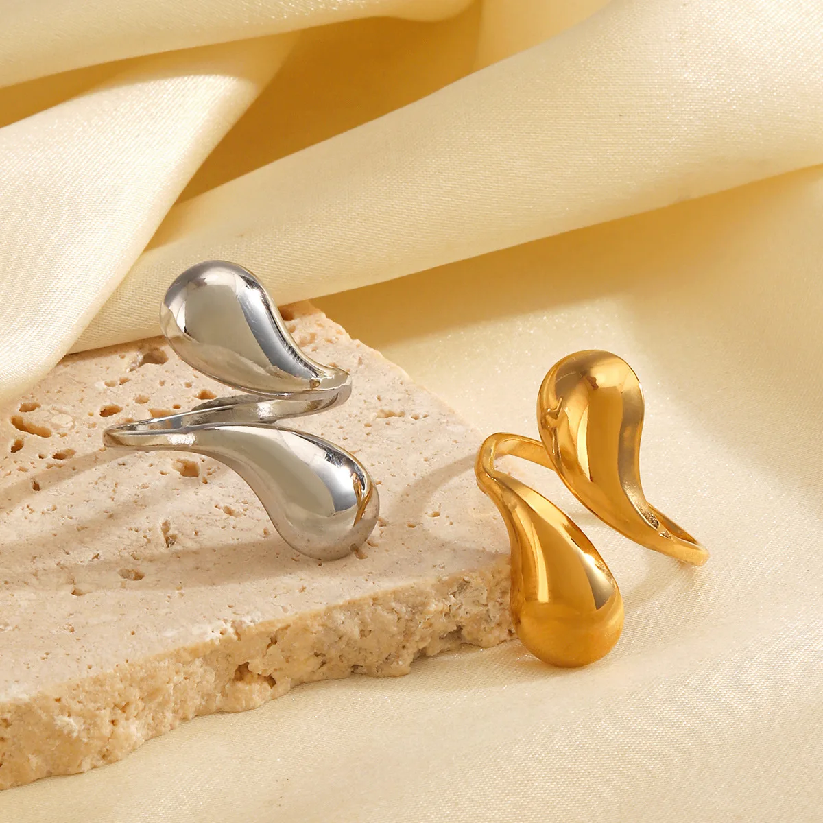 Gold Color Adjustable Droplet Shaped Stainless Steel Women's Ring Fashionable Aesthetic Wedding Party Jewelry Gift anillos