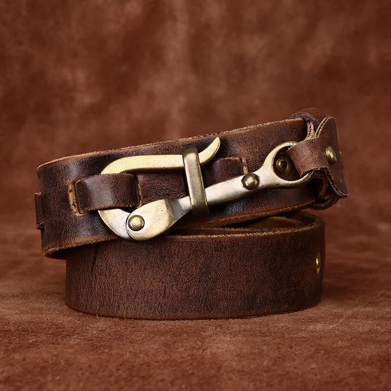 3.8cm Men Leather Retro Knight Belt Distressed Copper Hook Lock Layer Cowhide Personalized Niche Men's Genuine Leather Belts