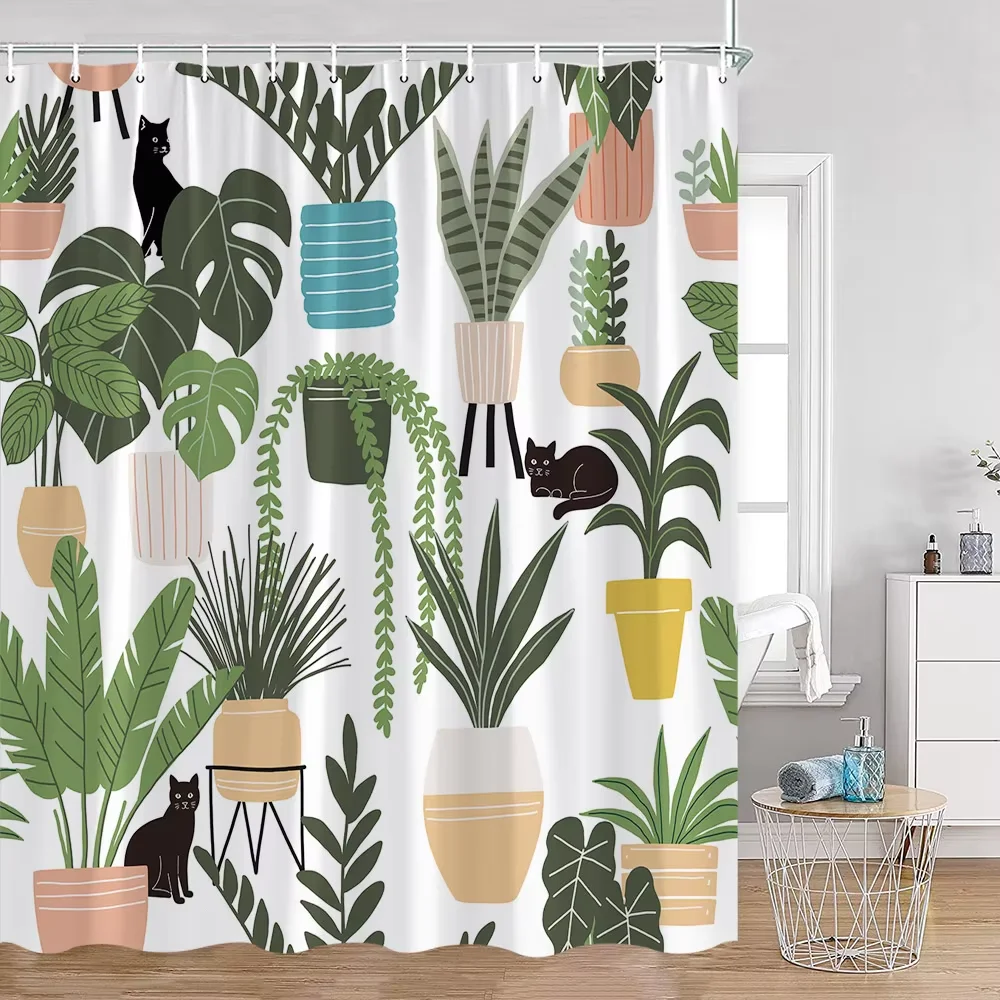 Cartoon Cat Shower Curtain, Plant leaves Bathroom Decorative Shower Curtain, Printed Fabric Home Curtain with Hooks