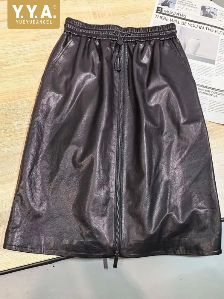 Damen Büro-Mode Elastische Taille Einfarbiger Reißverschluss-Taschen Echtleder-Rock Loser Schafsleder Knielanger Handgefertigter Rock