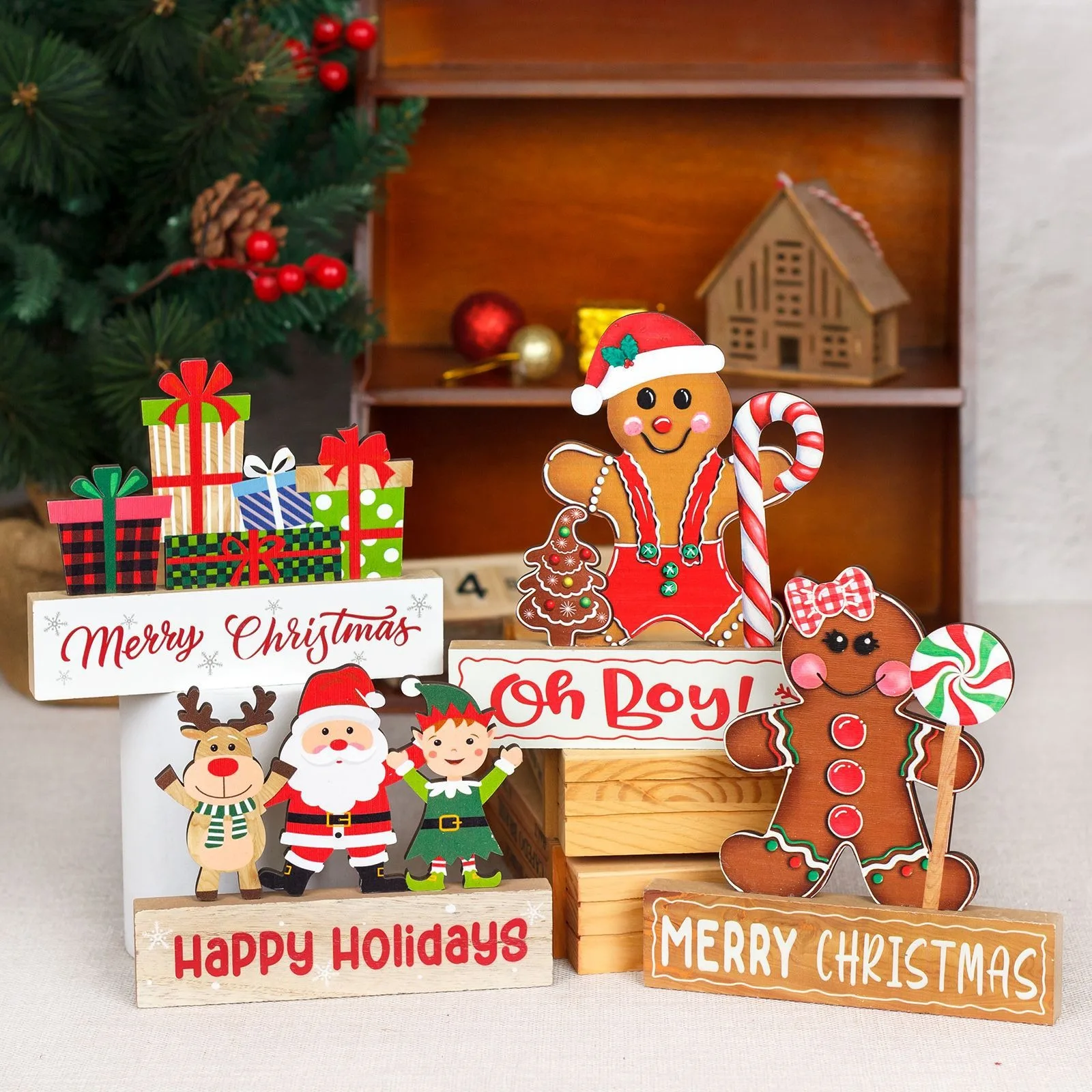 Wooden Christmas Gingerbread Man Santa Claus Elk Elf Ornament Xmas Pendants Merry Christma Deor 2024 Noel Natal Navidad Favor