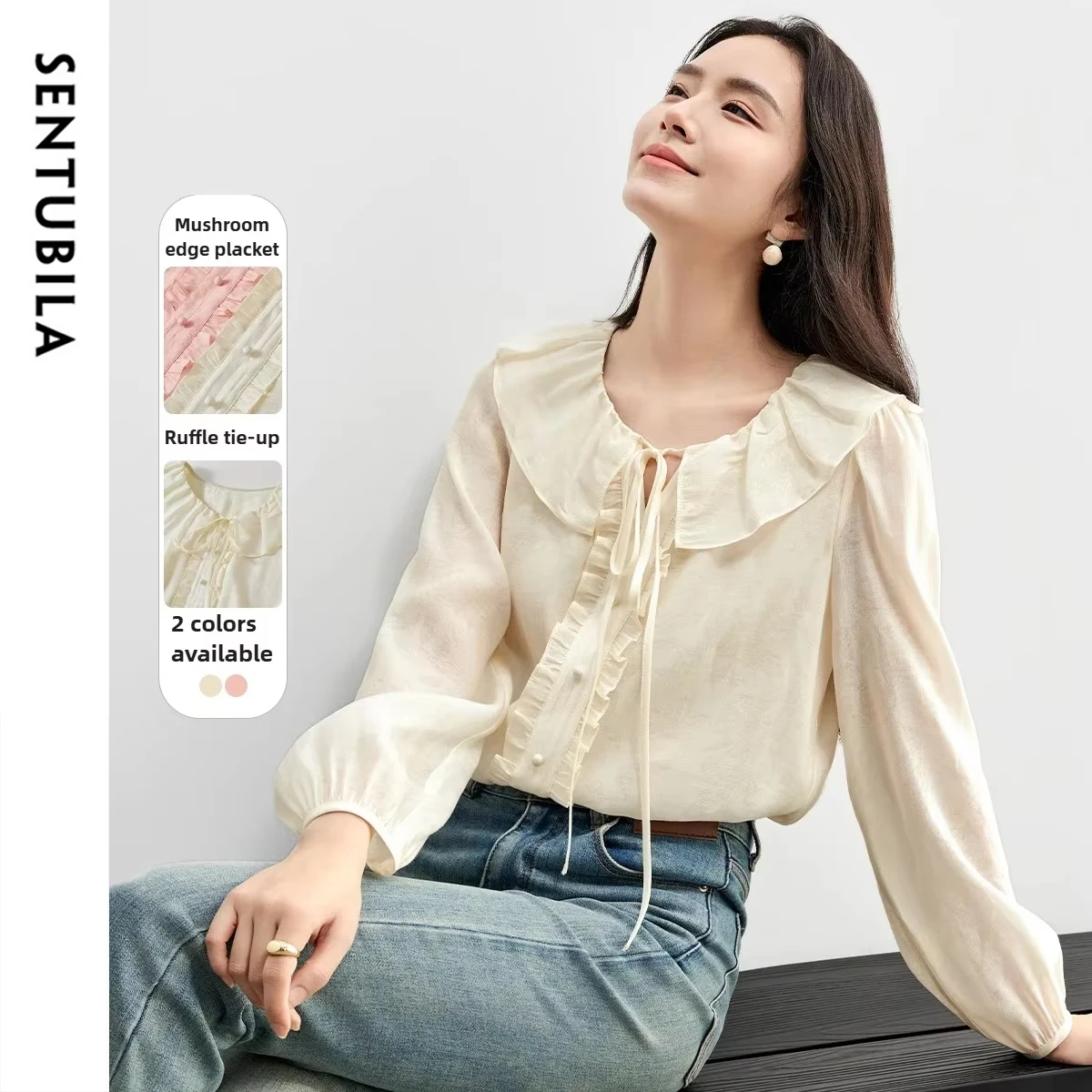 قميص نسائي من SENTUBILA مطبوع عليه كشكش لخريف 2025 بلوزات جديدة برقبة دائرية وتفاصيل ربطة عنق متينة ملابس بأكمام منتفخة 151C57894