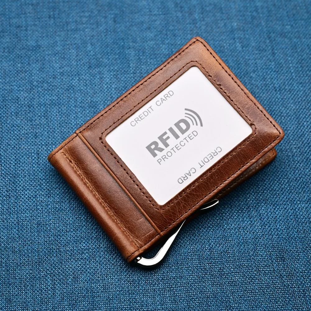Genuine Leather Mens Wallet Money Clip Slim Bifold Credit Card Holder with Zipper Coin Pocket Vintage Male Cash Clamp Purse