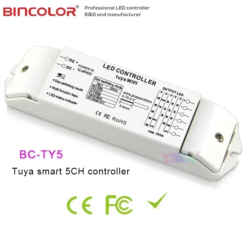 Bincolor 4Ax5CH 5 in 1 Tuya smart LED controller light Dimmer BC-TY5 for RGB+CCT/RGB/RGBW/CCT/single color LED strip 12V-48V 24V