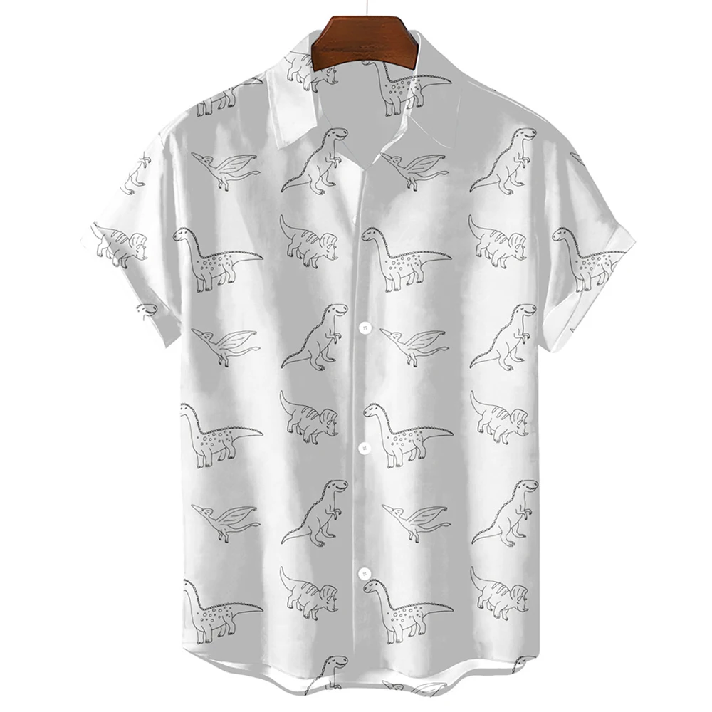 Camisa com estampa de dinossauro simples masculina, camisa extragrande lapela, manga curta, preto e branco, blusa de rua, roupa fofa