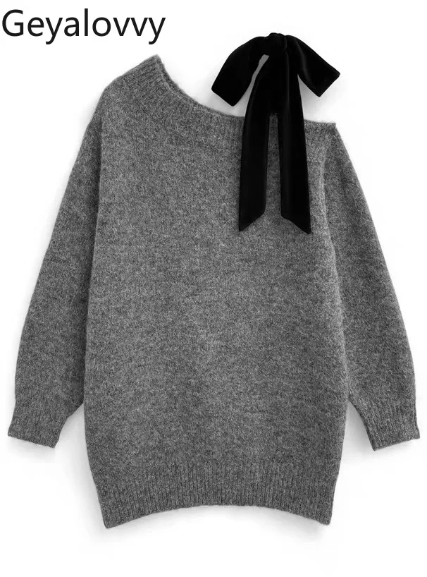 

Japanese Style Casual Off-Shoulder Velvet Bow Tie Loose Long Knitted Sweater Autumn Winter Pullover Sweaters for Women