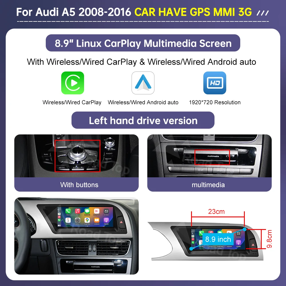 Road Top Radio Multimedia Linux Touch Screen For Audi A5 2008-2016 Wireless CarPlay Android Auto Airplay Car Player Function image 3