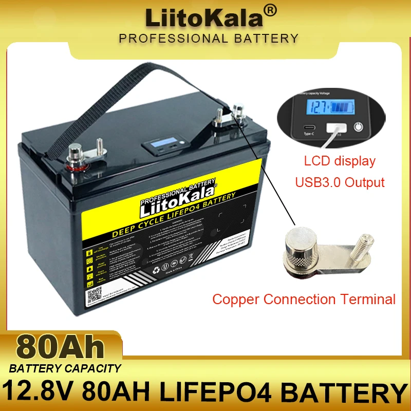 LiitoKala 12.8V 80AH LiFePO4 Battery 12v 4s Lithium Iron Phosphate Inverter Car lighter Batteries USB3.0 Output 14.6V Charger