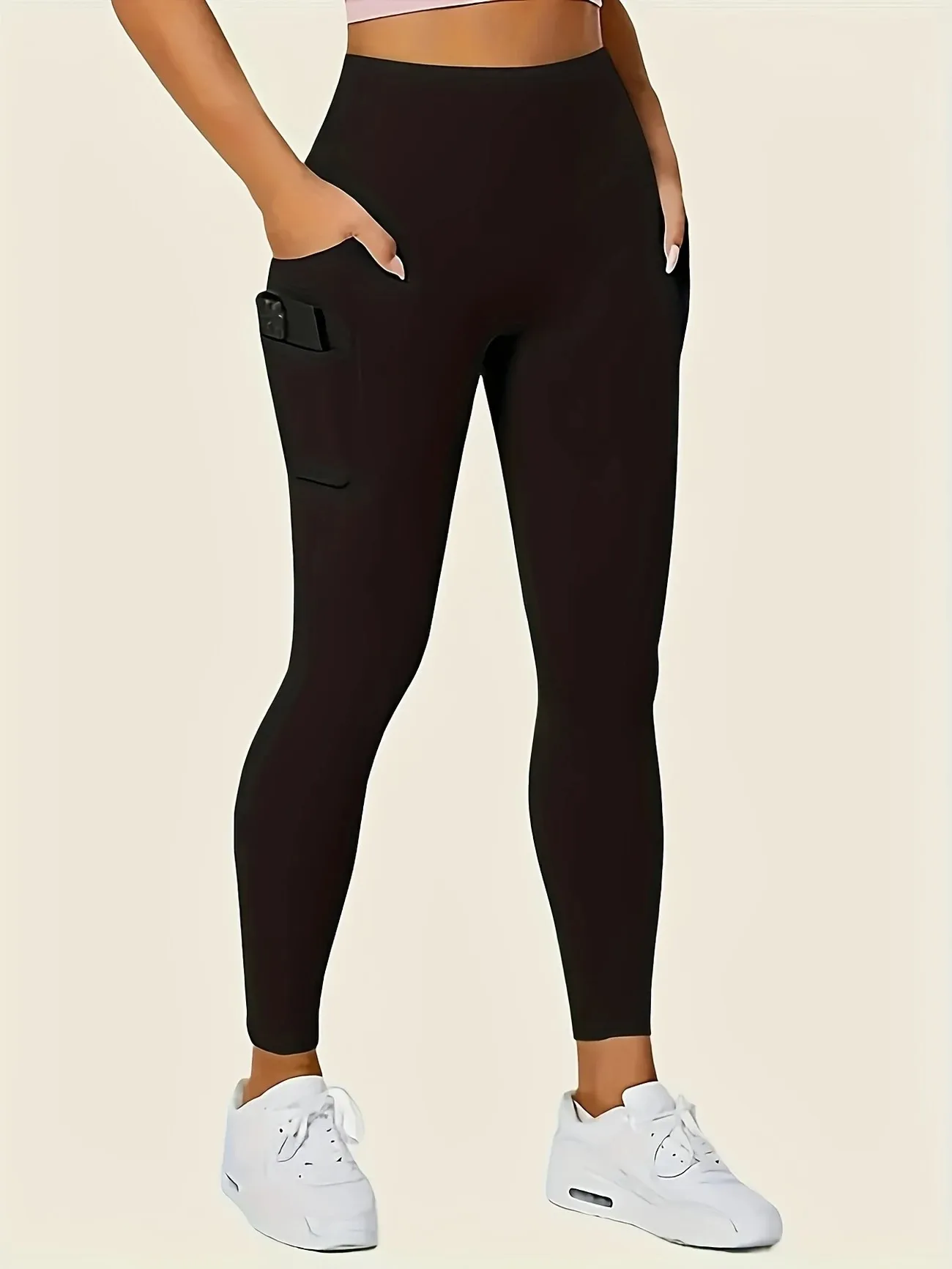 Women's High-Waisted Yoga Leggings with Pockets - Ultra-Stretch Slimming Workout Pants, All-Season Black Athletic Wear for Gym, image 5