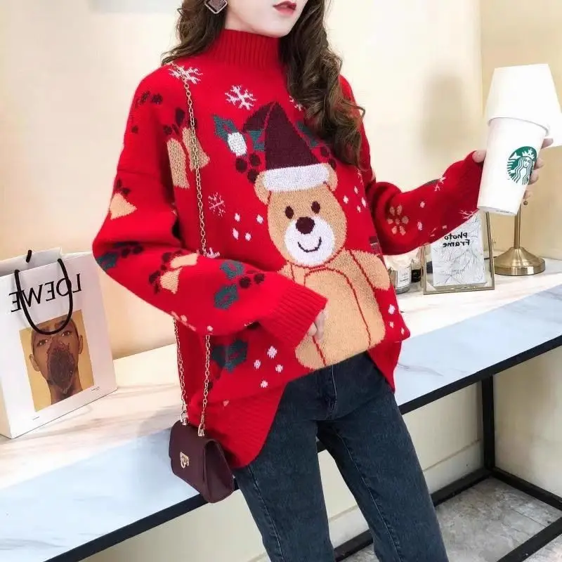 

Рождественский красный свитер с мультяшным узором, женская весенне-осенняя водолазка, вязаная нижняя рубашка, свободная универсальная футболка с круглым вырезом