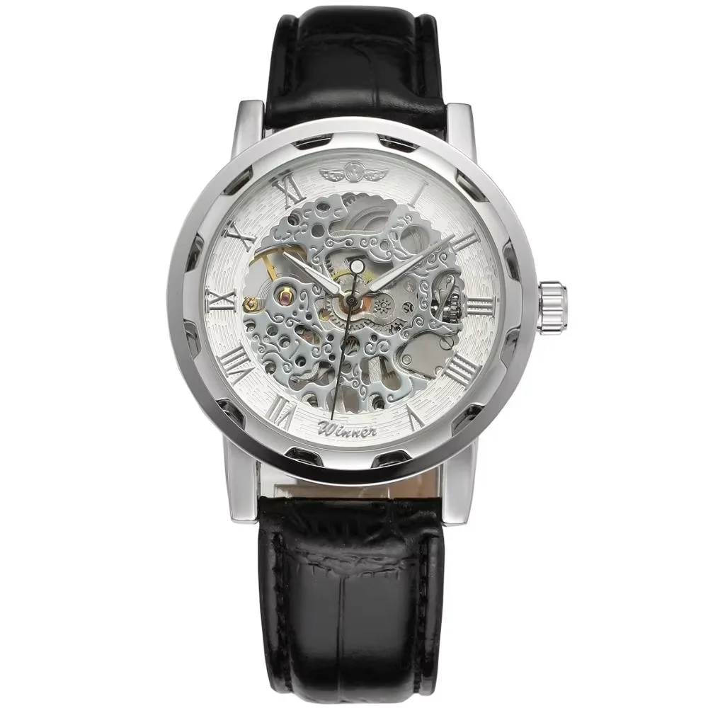 T-WINNER WATCH silver circle surface Roman Numerals dial black leather strap men's mechanical watch