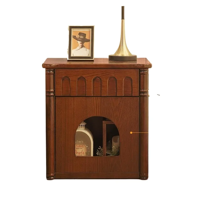 French retro cat bedside table, household solid wood small edge with cat nest, small apartment