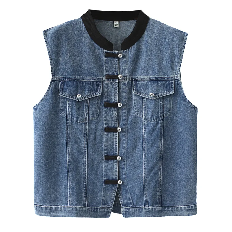 3XL 4XL Plus Size Women Waistcoat 2025 Early Spring New Chinese Style Button Sleeveless Denim Vest 8282