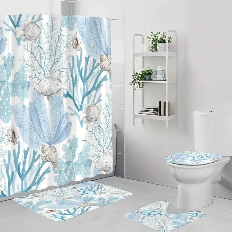 

Набор из 4 предметов с рисунком подводного мира. Шторка для душа с крючком. Нескользящий коврик для пола. U-образный коврик для ванной комнаты. Коврик для унитаза.