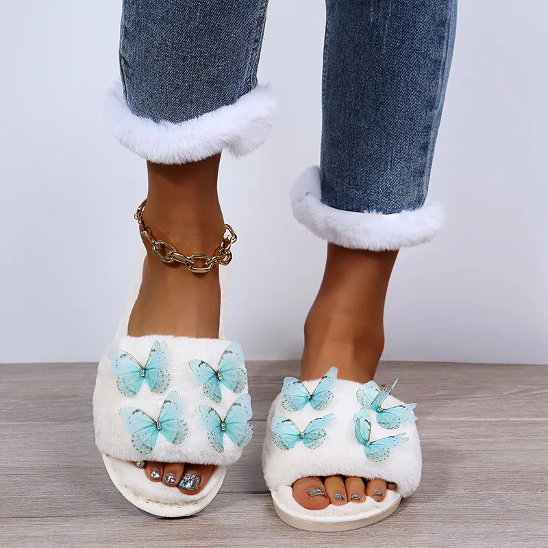 Fashionable Autumn and Winter Indoor Warm Plush Slippers, Cotton Slippers for Women's Home, Cute Plush Butterfly Floor Slippers