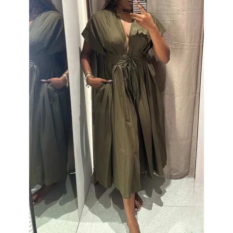 

Women's Retro V-Neck Tie Drape Long Dress Solid Color Casual Fashion Summer Holiday Pleated Loose Dress