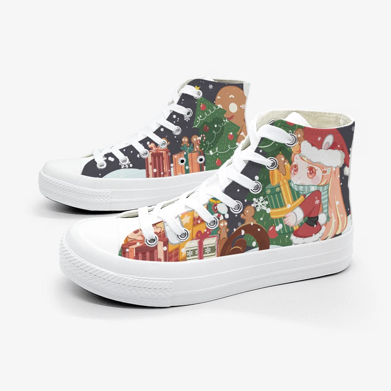 

Оригинальные рождественские высокие парусиновые туфли с героями мультфильмов, женские непухотные туфли, новинка 2025, повседневная студенческая обувь, белая осенне-зимняя флисовая подкладка