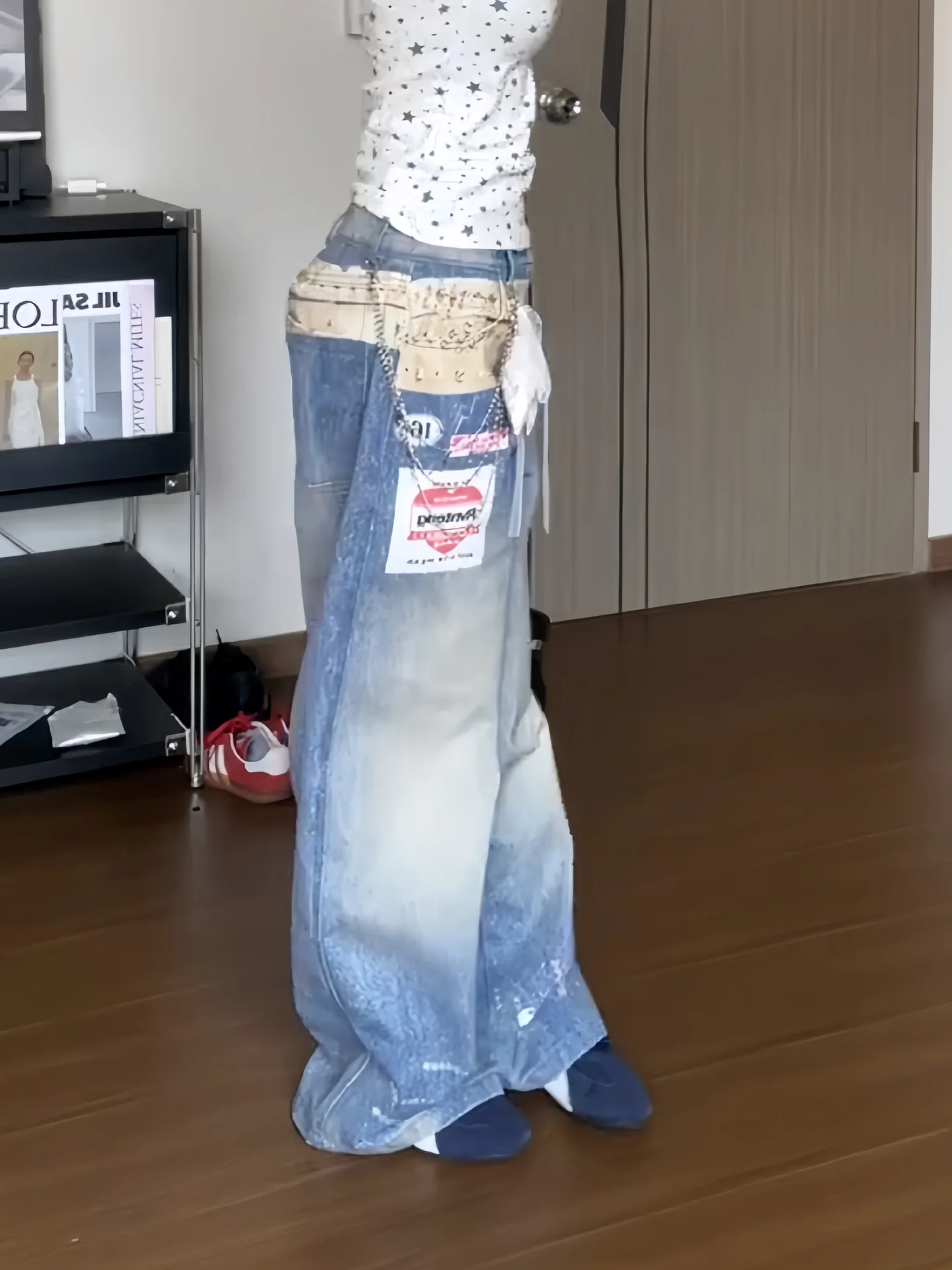 Jean à ceinture imprimé 3D Vintage en détresse pour femmes, pantalon en Denim à jambes larges imprimé tridimensionnel de Style de rue d'automne 2025