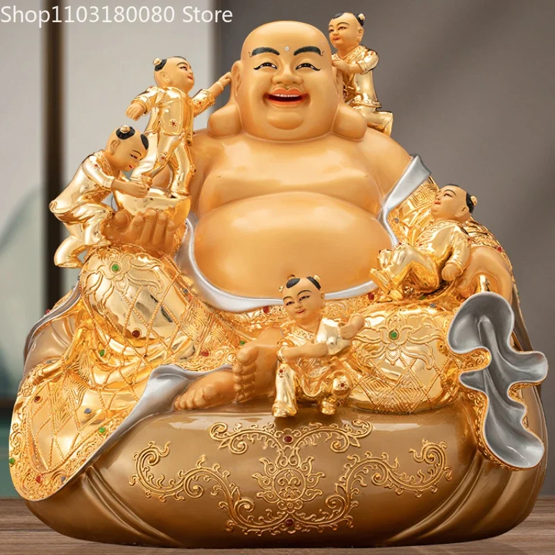 

Exquisite Brass Copper gilt Five Child Maitreya Buddha statue Big belly happy smile Buddha sculpture Home Decor Large size