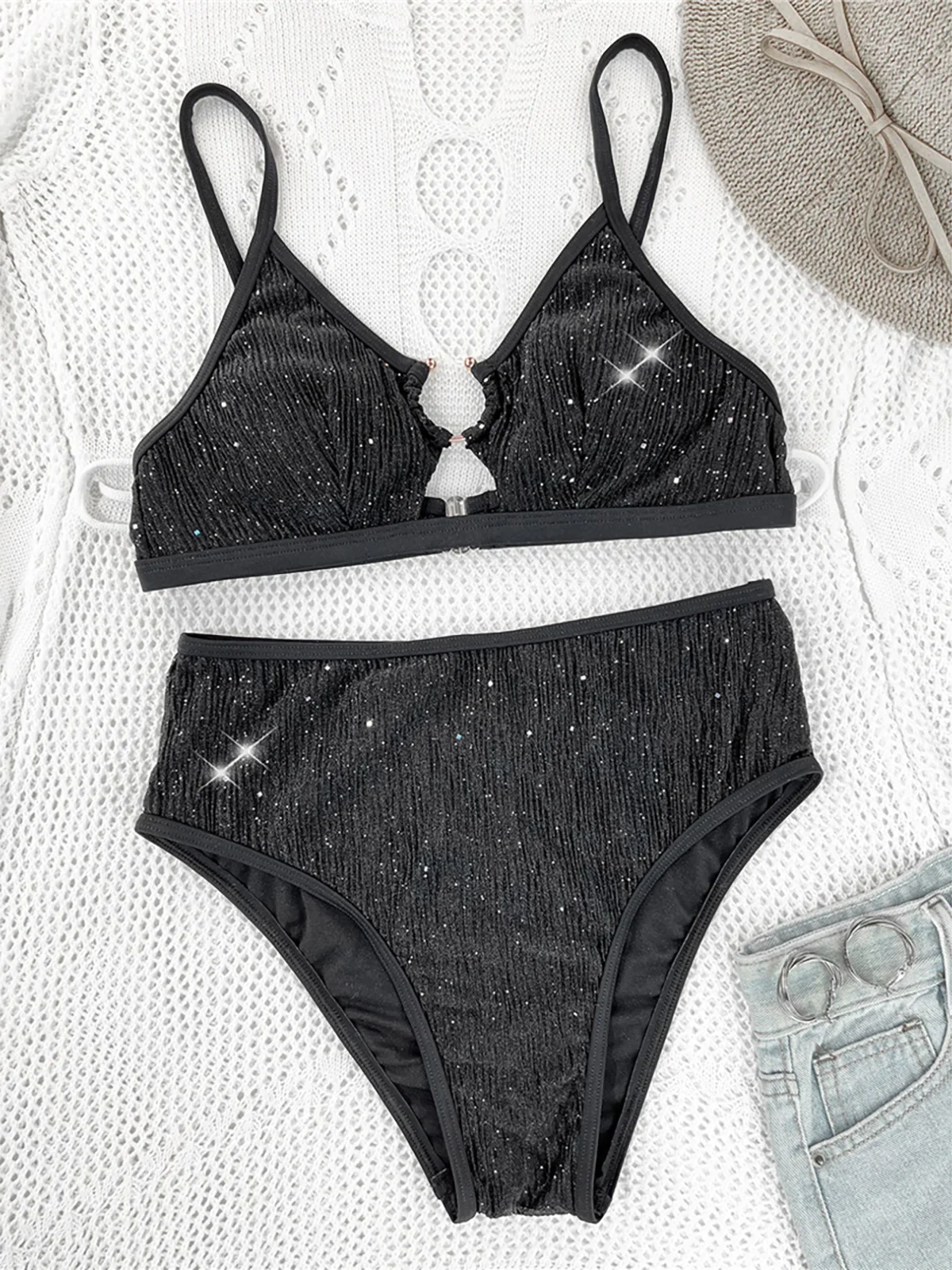 

Glitter Sparkling Cut Out Female Swimsuit High Waist Bikini Women Swimwear Two-pieces Bikini set Bather Bathing Suit Swim K5389