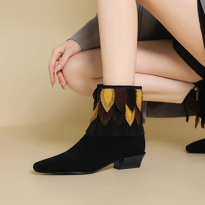 

2026 New Trend Spring Autumn Cow Suede Women Ankle Boots Retro Zip Elegant Ladies Brown Chocolate Square Toe High Heeled Boots