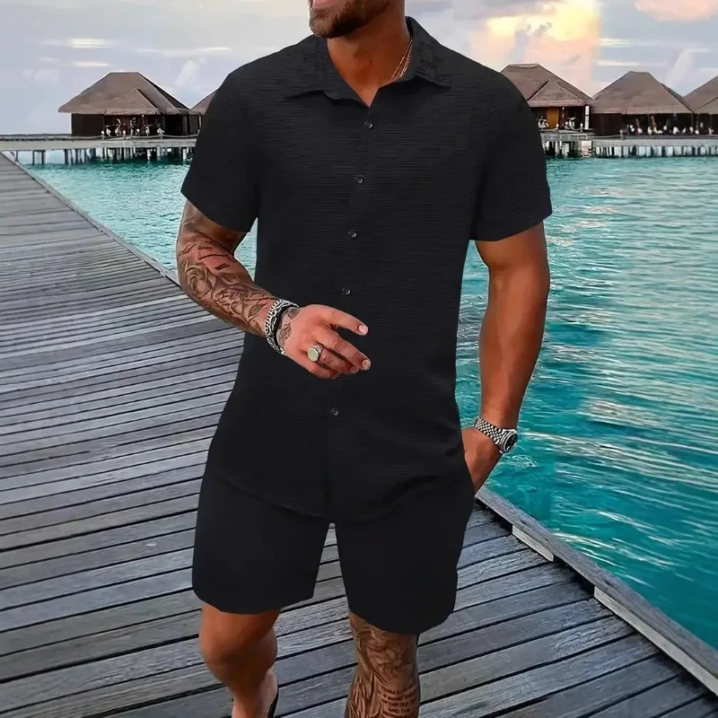 

New Men's casual suit Summer daily outdoor travel solid color jacquard lapel short-sleeved Shirt + drawstring Shorts 2-piece Set