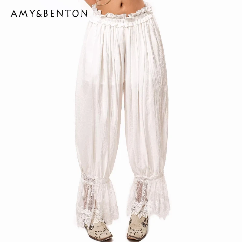 

2026 Spring Summer New White Lace Splicing Women's Trousers American Retro Loose Thin Versatile Hot Girl Wide-leg Pants Ladies