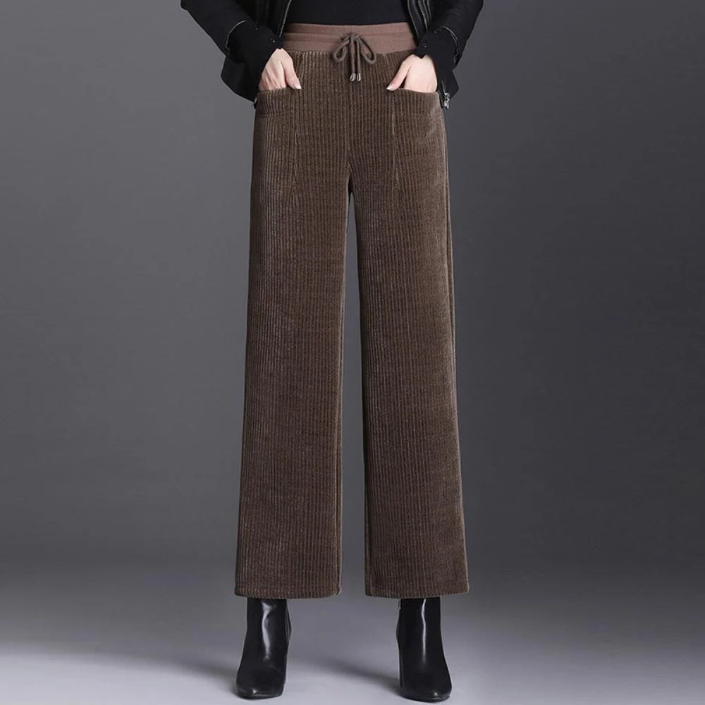 European coffee colored straight leg pants for women's autumn new high-end fashion plus size elastic waist casual wide leg pants