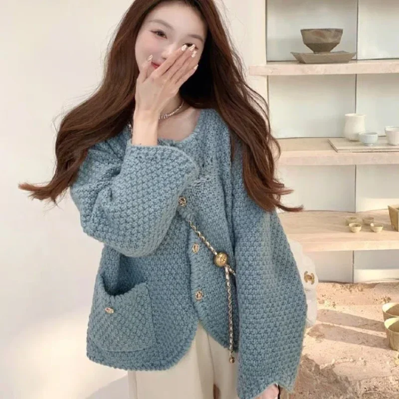 Knitted Top for Women Mesh Cardigan Ladies Sweaters Cute Kawaii Blue Clothing Trend 2024 Winter Thermal Blouse Y2k Vintage Cold