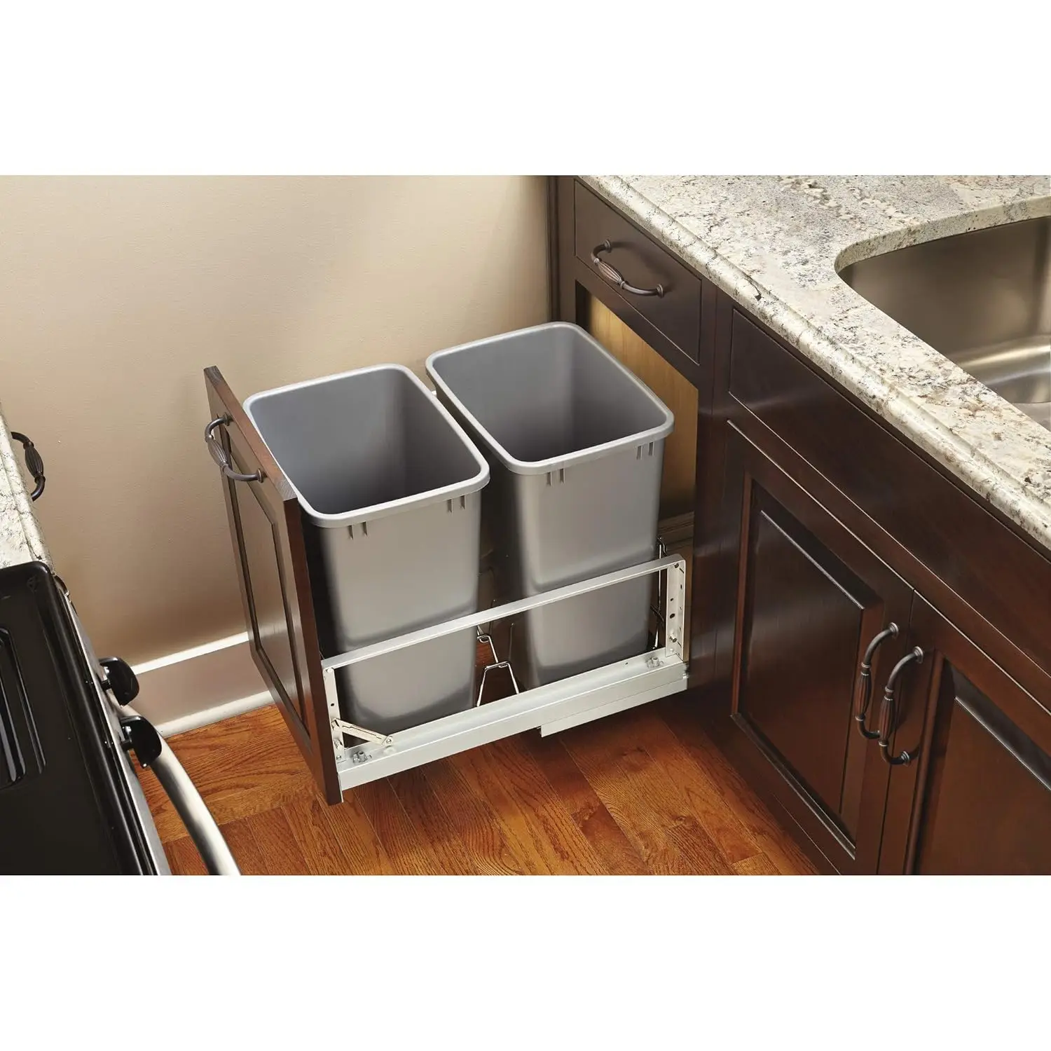 5349-18Dm-217 Double 35 Quart Kitchen Cabinet Pull Out Waste Container Storage With 2 Trash Cans And Wire Basket, Silver