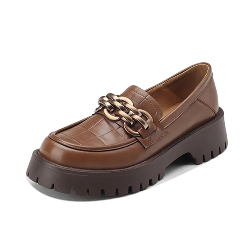 

Moccasin Loafers Women Cow Leather Platfrom Flats Round Toe Metal Buckle Ladies Thick Sole Shoes