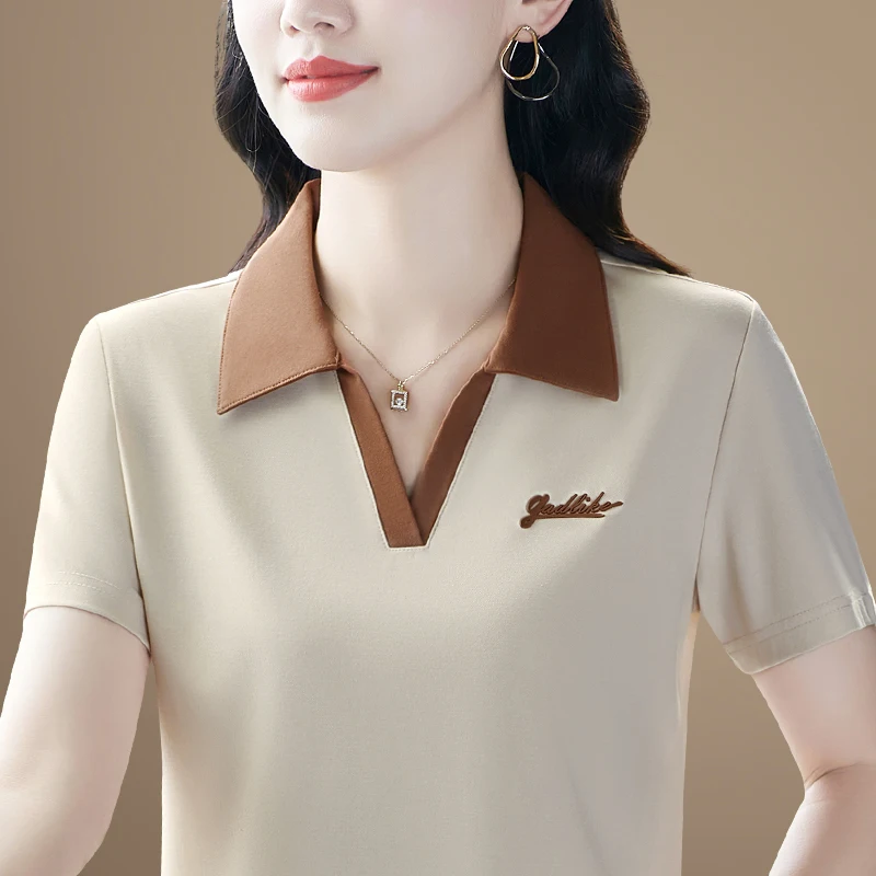 

Loose Casual Large Size Turn-down Collar ort Sve T-irt Women's Summer 2025 New irt Versatile Faionable Mom Top